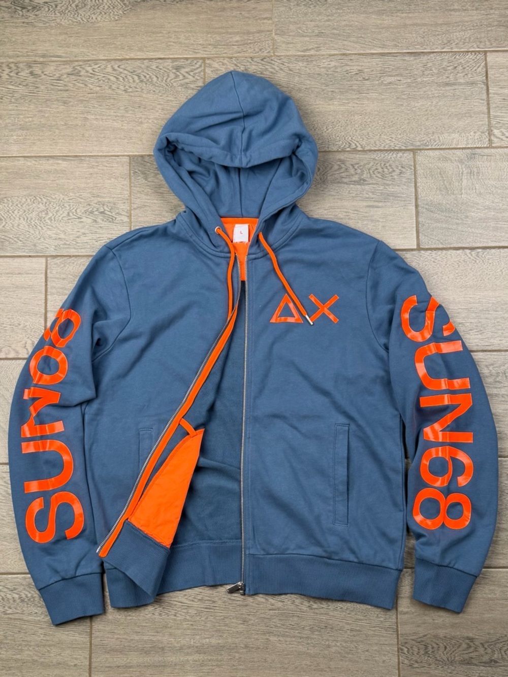 SUN68 Italy Men's Light Blue Zip Hoodie Bold Sleeve Logos Orange Lining  L NWOT